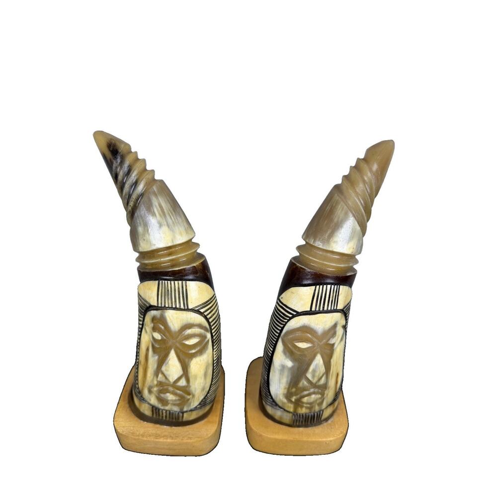Vintage Carved Cattle Horn Mask Sculptures Pair Folk Art Boho - Picture 2 of 11
